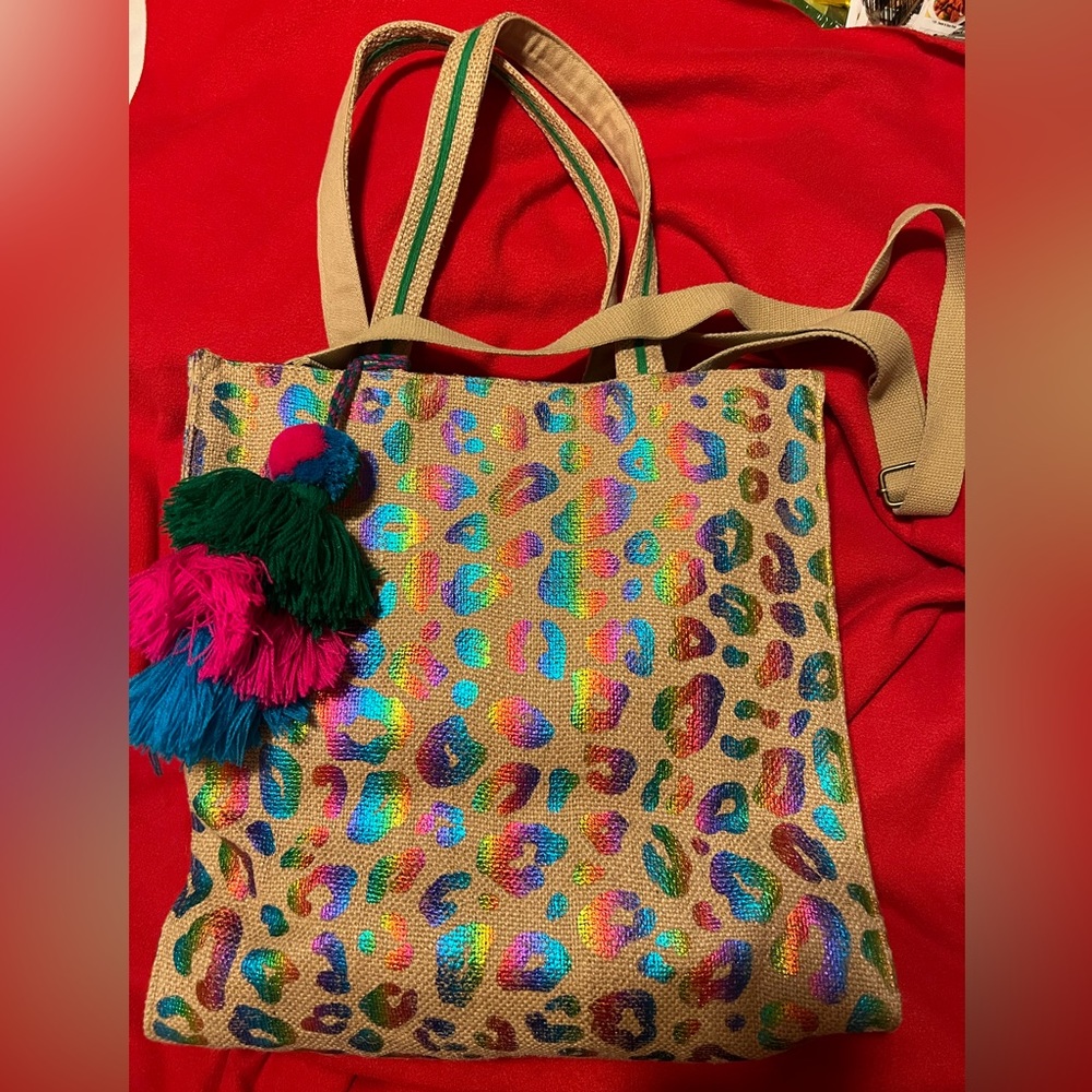 Rainbow metallic leopard handstamped jute tote with adjustable, cross body nwot